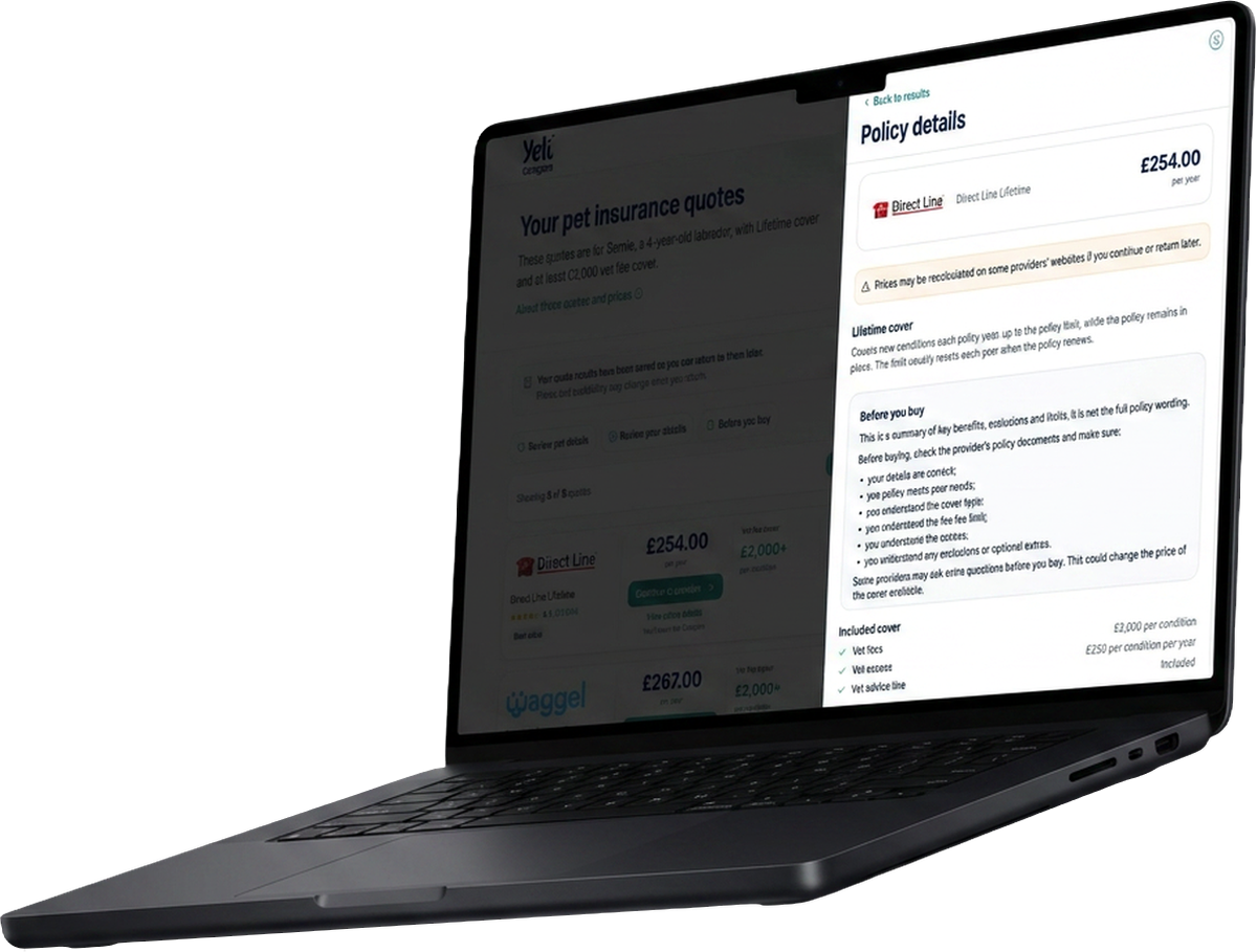 Yeti Compare pet insurance comparison results and policy detail screens shown on a laptop