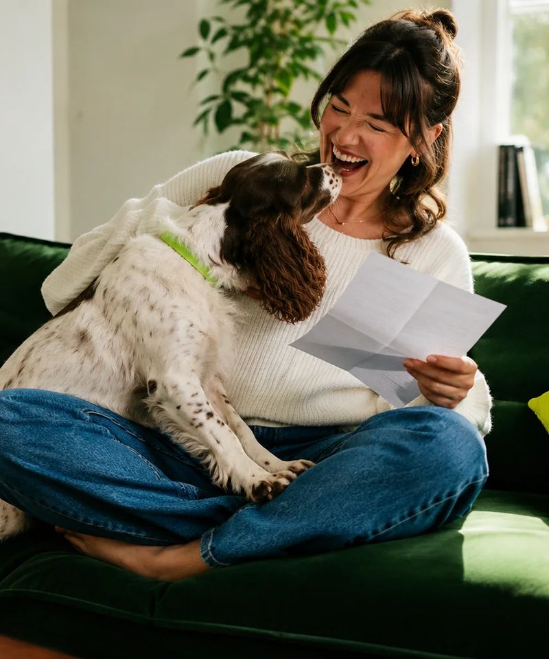 Smiling woman on a green sofa laughing with her springer spaniel